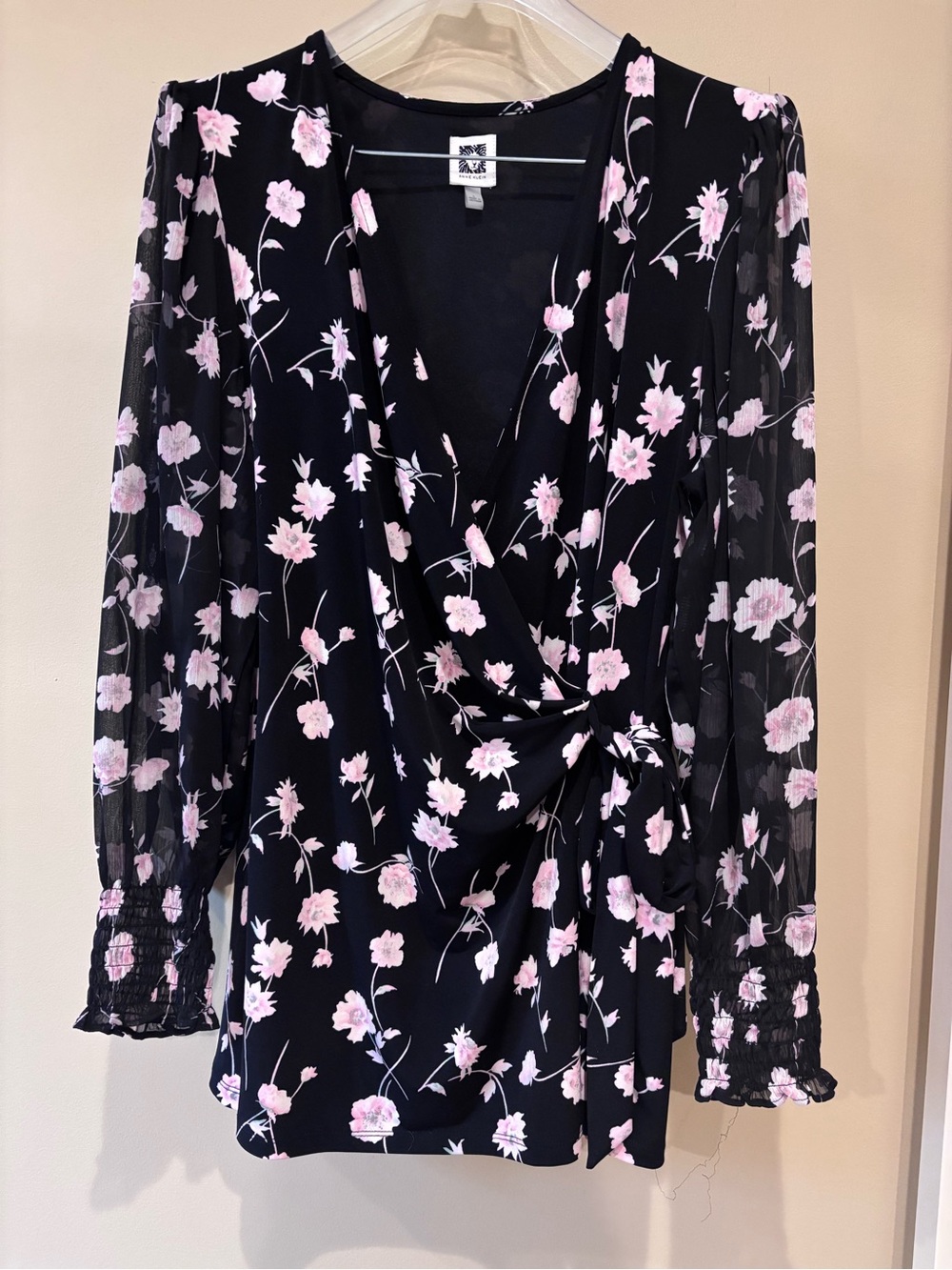 Anne Klein Black Wrap Blouse with Pink Floral Print